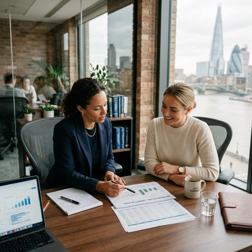 An adviser and business owner working through a plan together in a London office